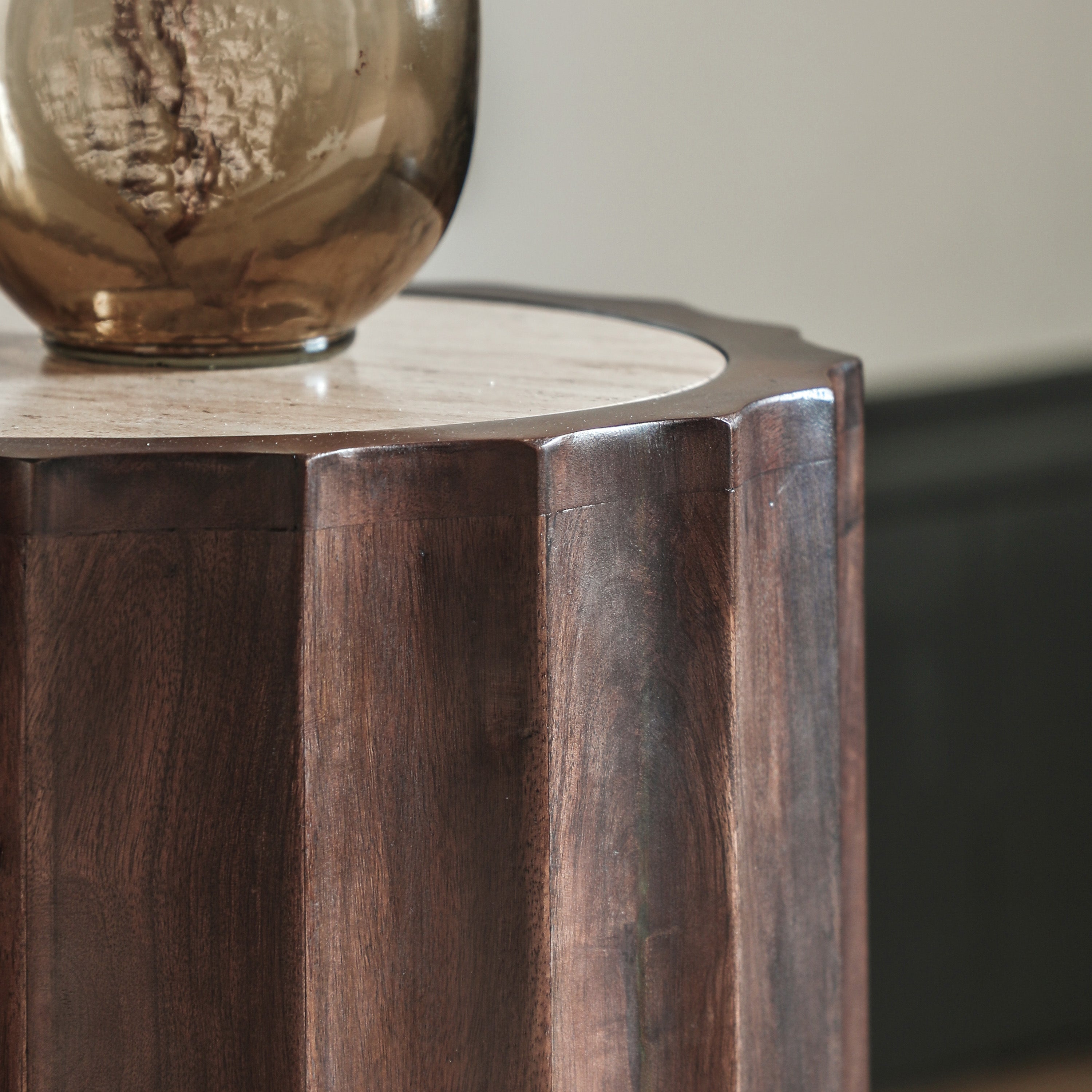 Milena Brown Mango Wood & Travertine Round Side Table